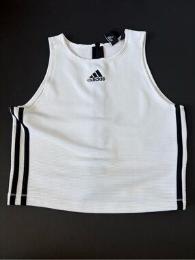 Adidas White Crop Tank with Black Stripes and zipper back